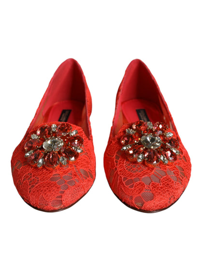 Zapatos planos (mocasines) de ballet de encaje de coral con cristales Dolce & Gabbana