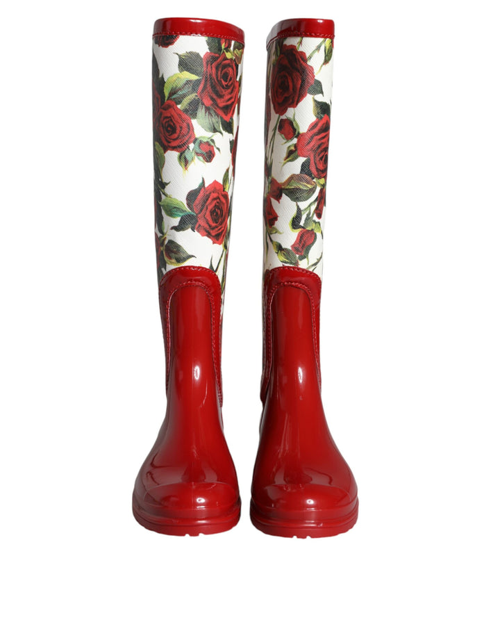 Botas altas planas de goma rojas florales de Dolce & Gabbana