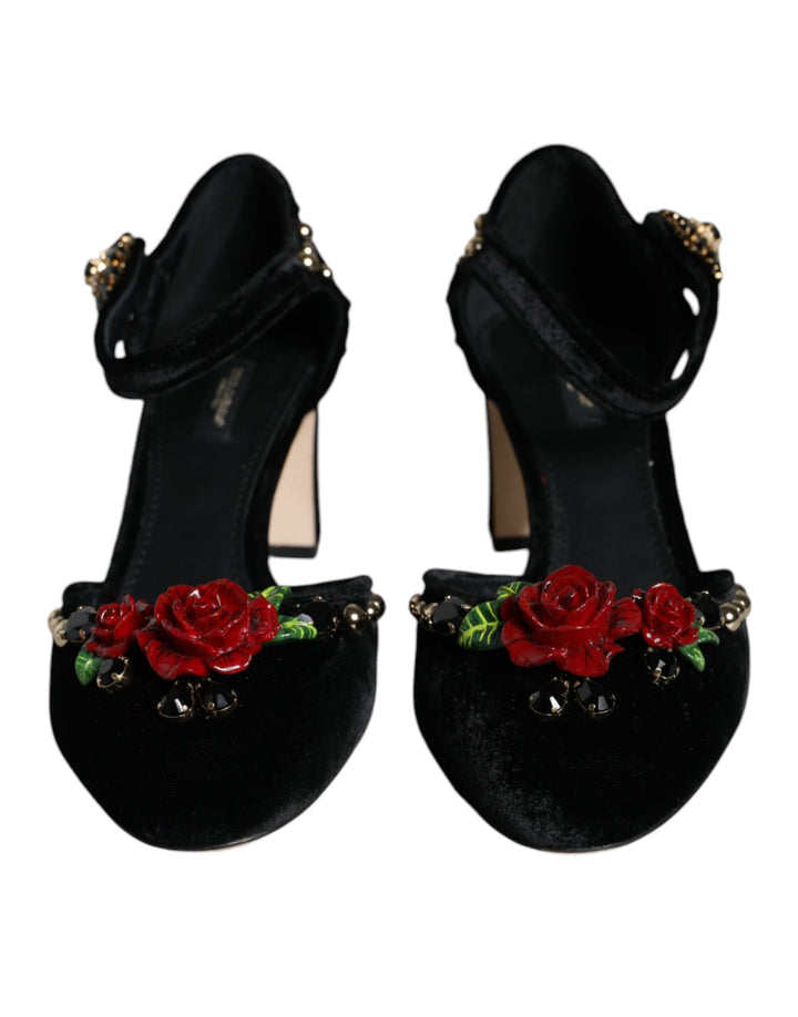 Chaussures à talons Dolce & Gabbana en velours noir à brides à la cheville ornées de roses