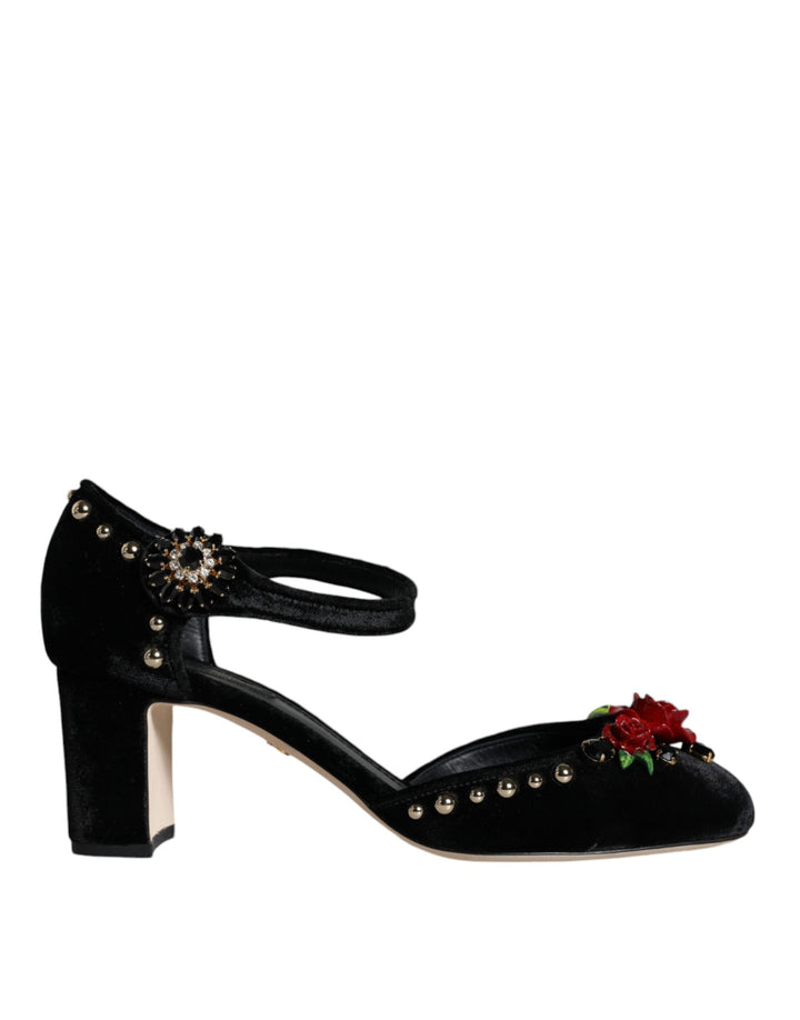 Chaussures à talons Dolce & Gabbana en velours noir à brides à la cheville ornées de roses