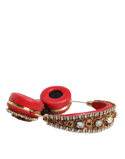 Auriculares Dolce & Gabbana de cuero napa rojo con cristales y motivos florales