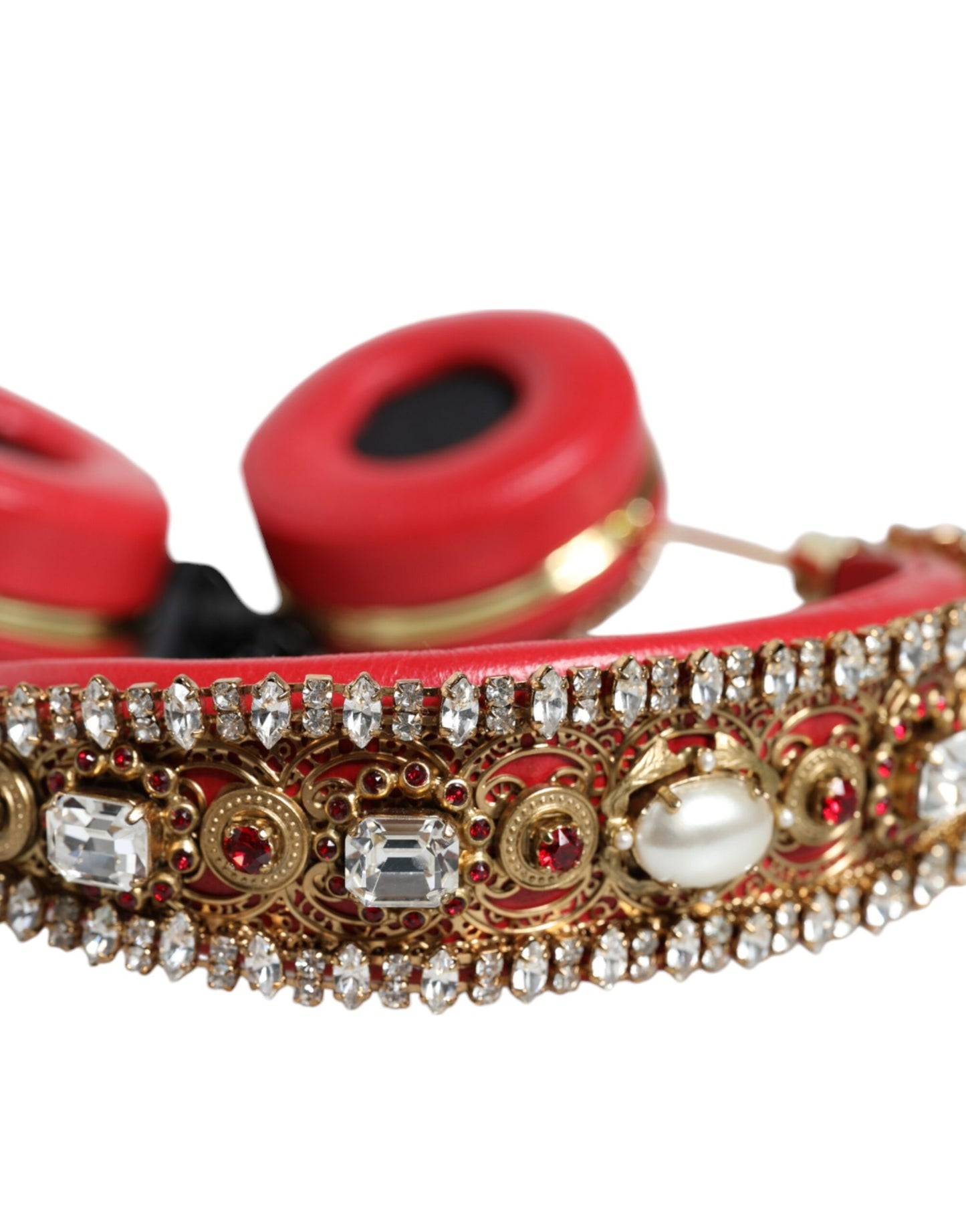 Auriculares Dolce & Gabbana de cuero napa rojo con cristales y motivos florales