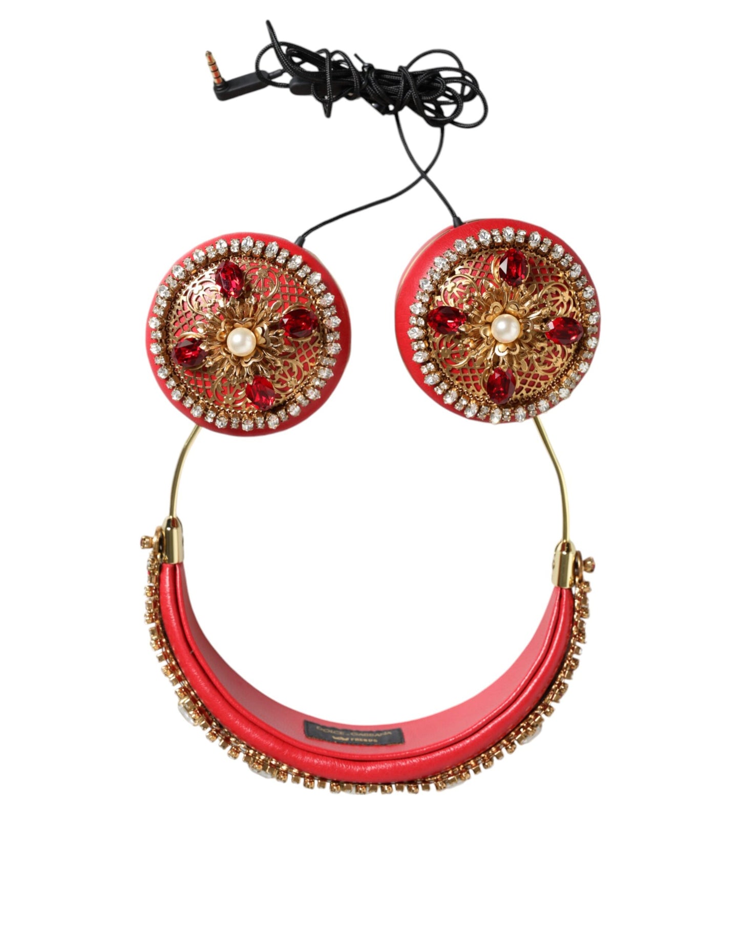 Auriculares Dolce & Gabbana de cuero napa rojo con cristales y motivos florales