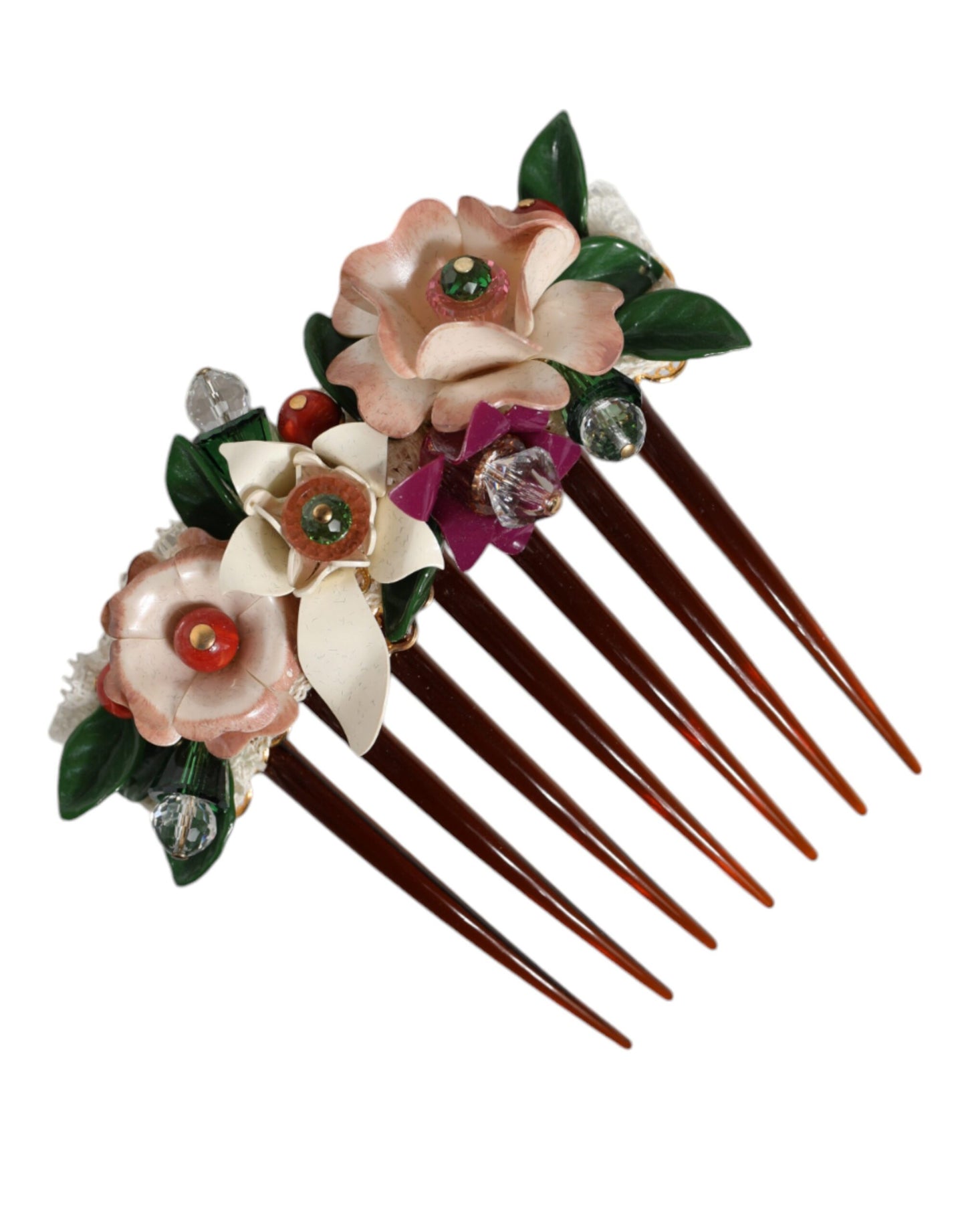 Peineta de mujer Dolce & Gabbana de plástico marrón con cristales y motivos florales
