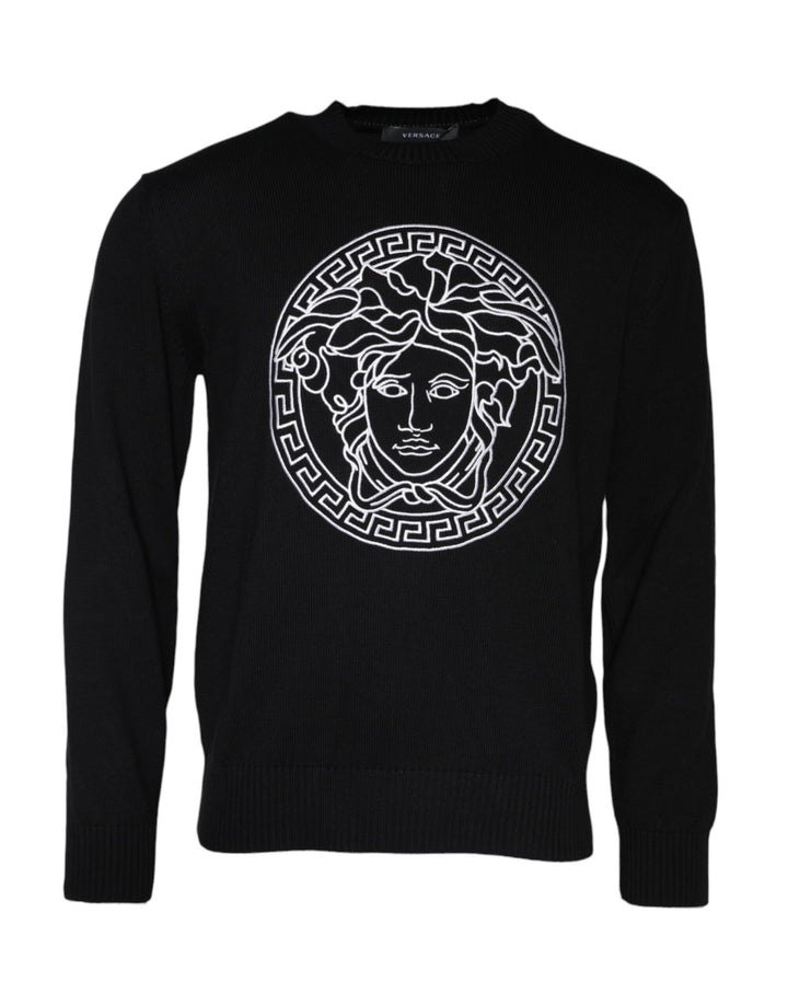 Suéter Versace negro con cuello redondo y logo Medusa bordado
