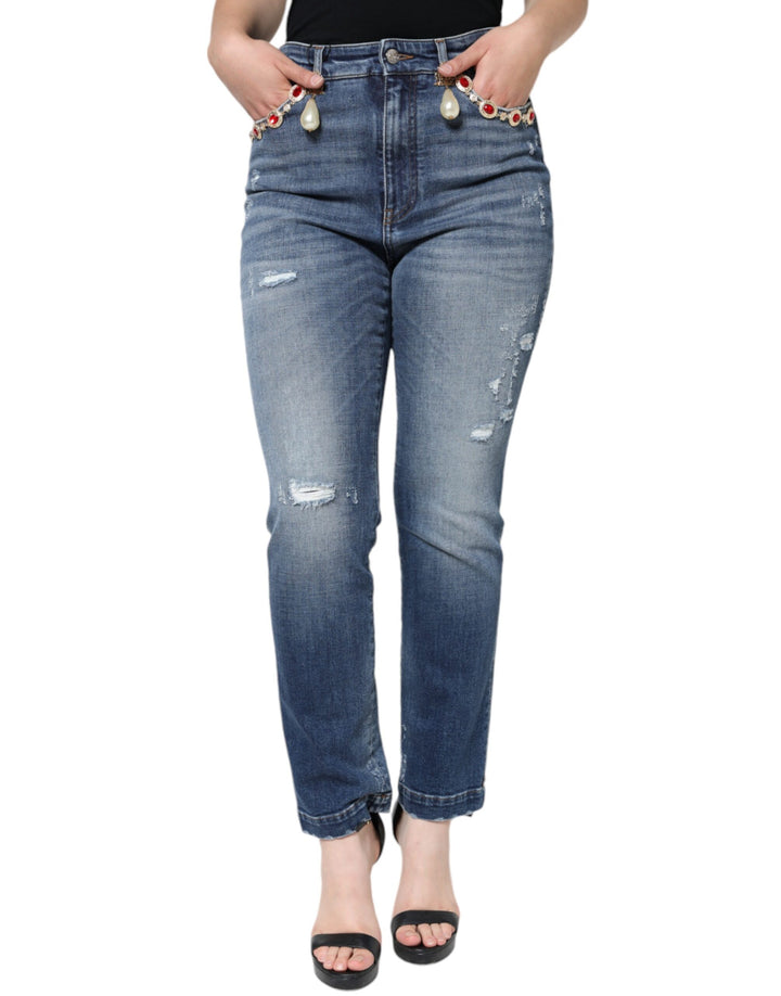 Jean en denim skinny déchiré en coton bleu foncé Dolce & Gabbana