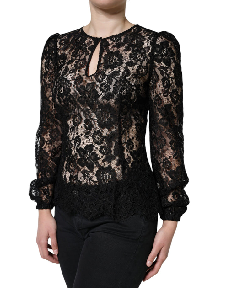 Haut Dolce & Gabbana noir à manches longues, transparent, en dentelle florale