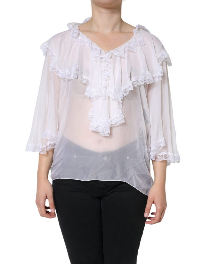 Chemisier blanc à manches longues en dentelle et volants Dolce & Gabbana