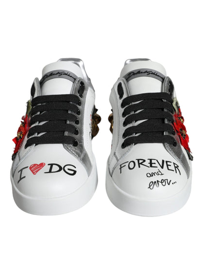 Chaussures Sneakers cloutées en cuir blanc à fleurs Dolce & Gabbana