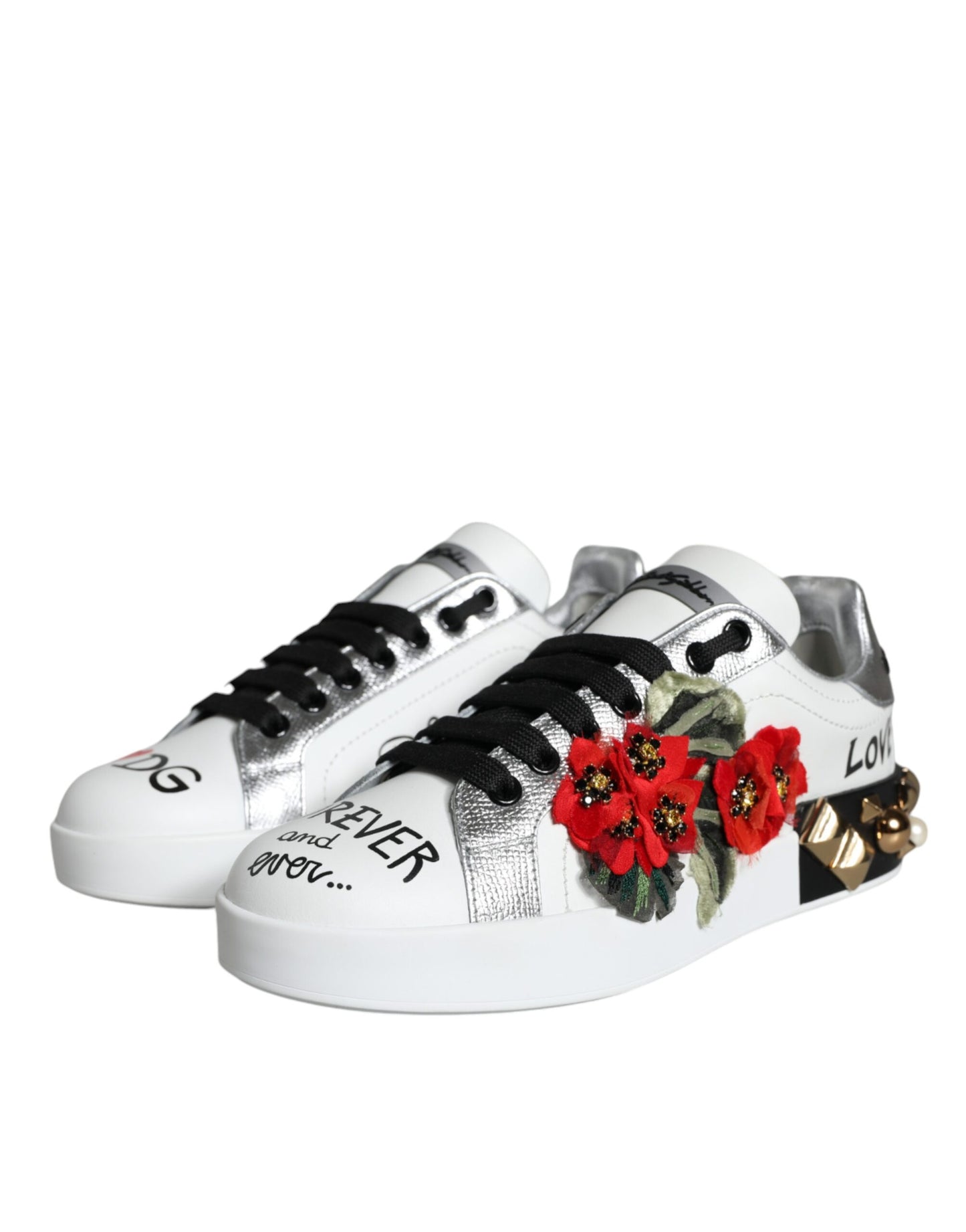 Chaussures Sneakers cloutées en cuir blanc à fleurs Dolce & Gabbana