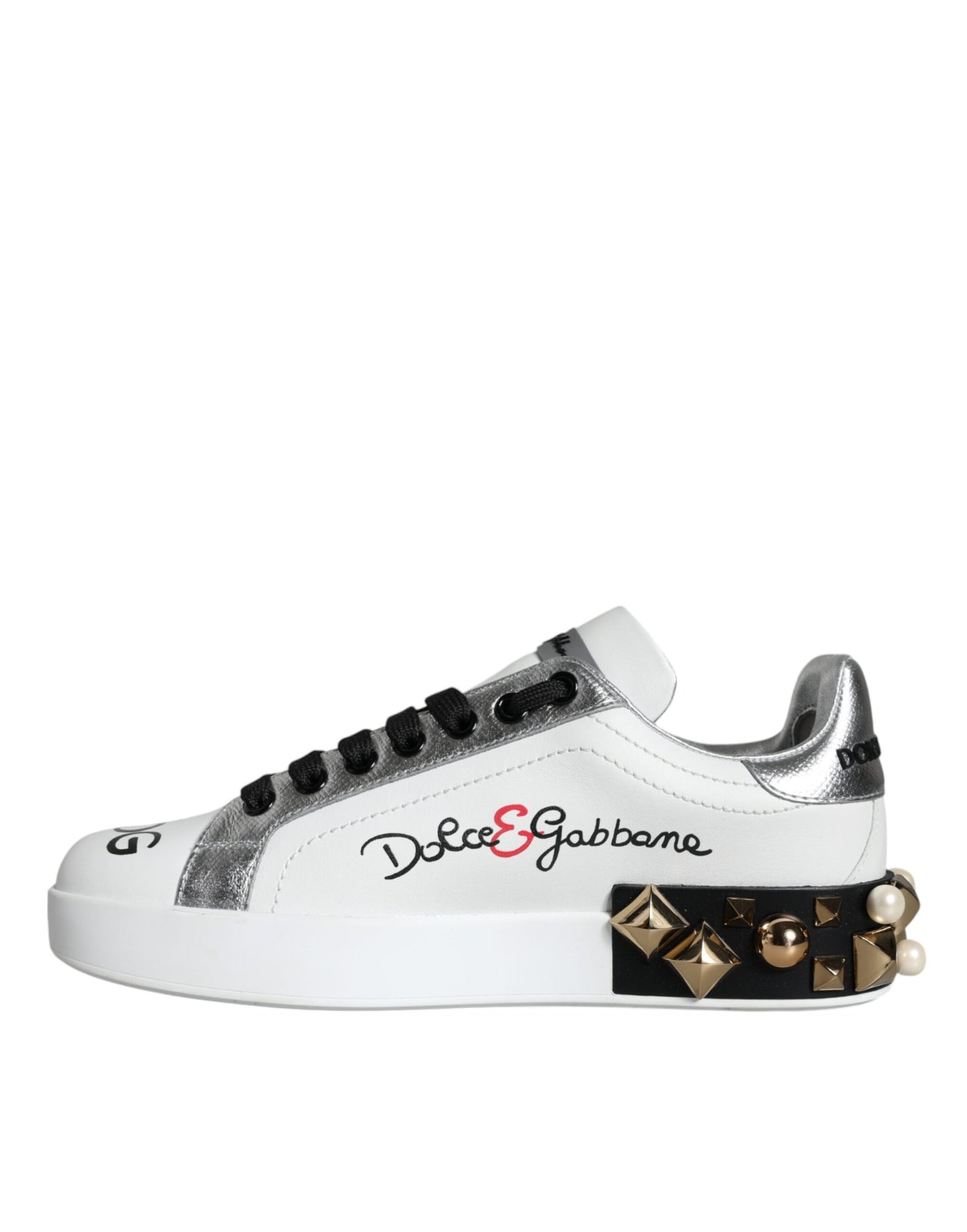 Chaussures Sneakers cloutées en cuir blanc à fleurs Dolce & Gabbana