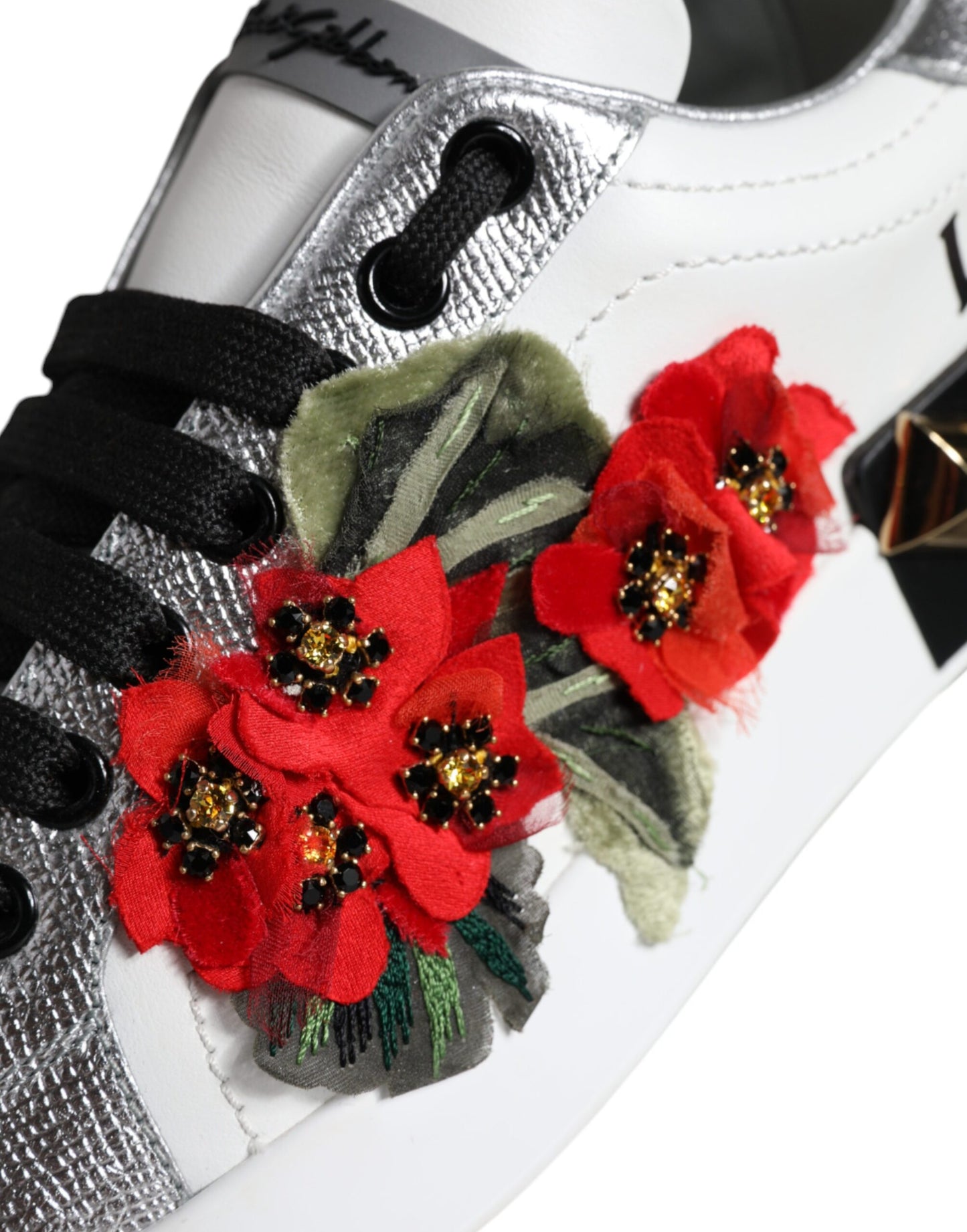 Chaussures Sneakers cloutées en cuir blanc à fleurs Dolce & Gabbana