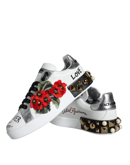 Chaussures Sneakers cloutées en cuir blanc à fleurs Dolce & Gabbana