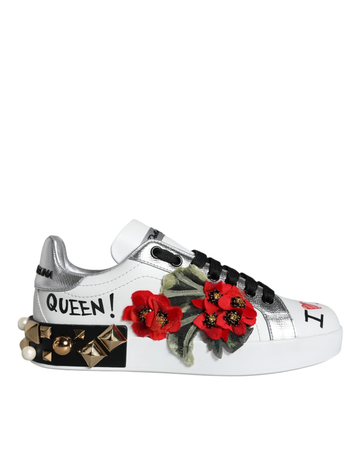 Chaussures Sneakers cloutées en cuir blanc à fleurs Dolce & Gabbana