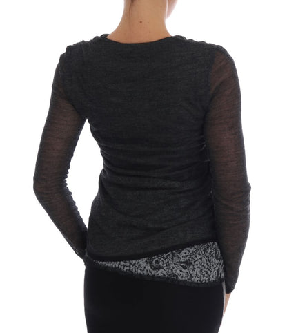 Ermanno Scervino Gray Wool Lace Top Long Sleeved T-shirt
