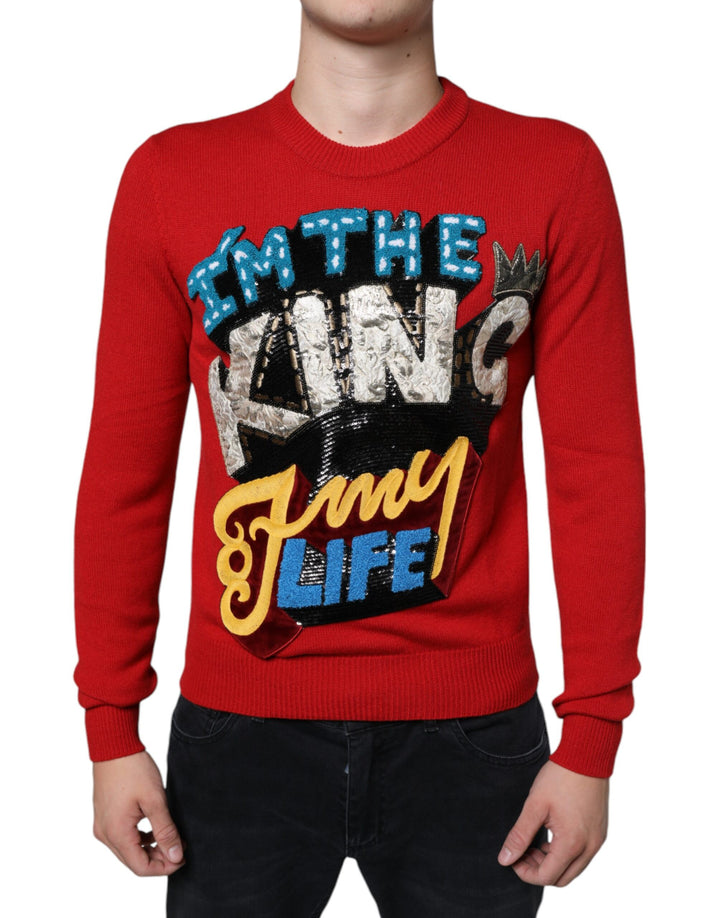 Sudadera de lana con cuello redondo roja "I'm The King" de Dolce & Gabbana
