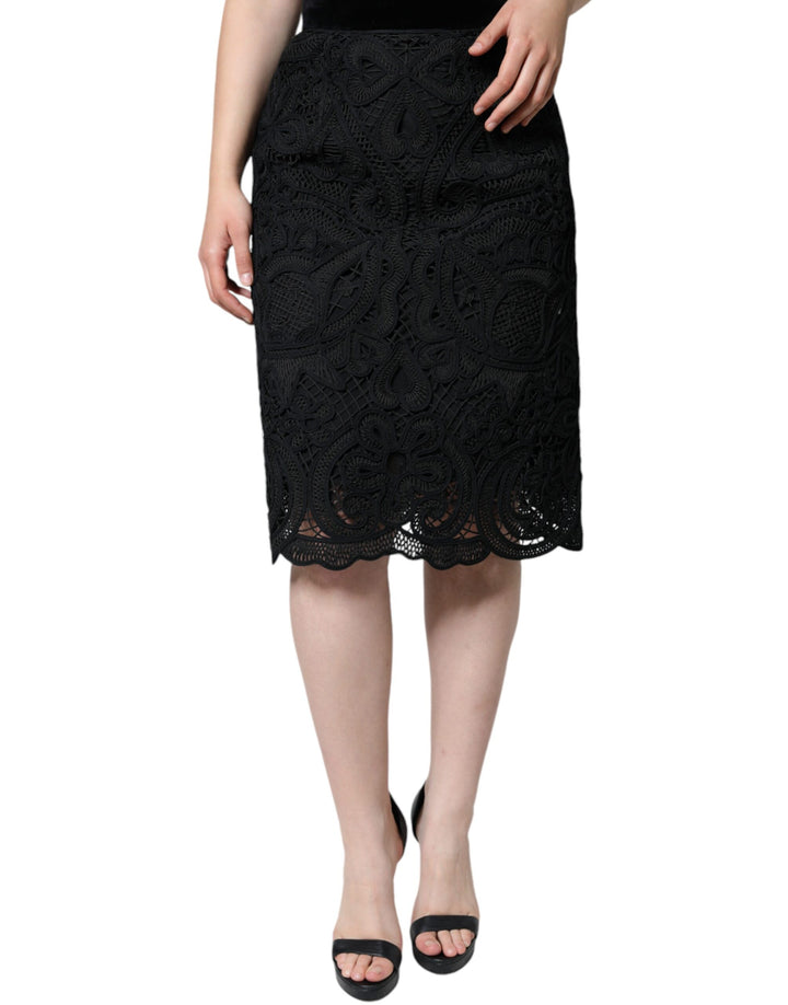 Falda Lápiz de Talle Alto con Encaje Floral Negro de Dolce & Gabbana