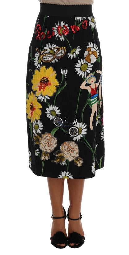 Jupe en brocart noir Dolce & Gabbana embellie de marguerites