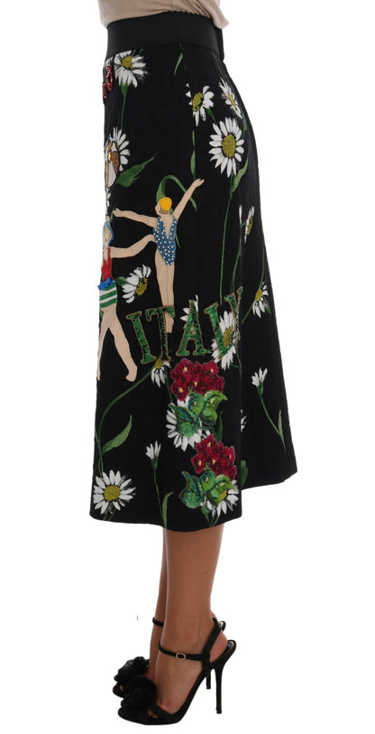 Jupe en brocart noir Dolce & Gabbana embellie de marguerites