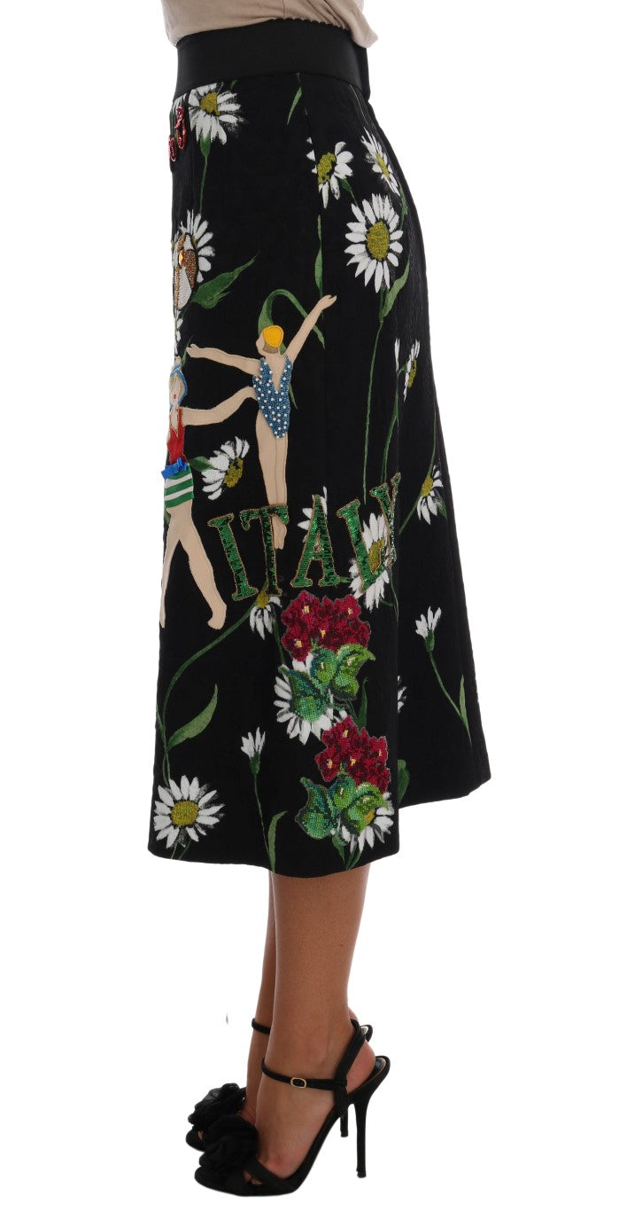 Falda brocada de Dolce & Gabbana negra adornada con margaritas