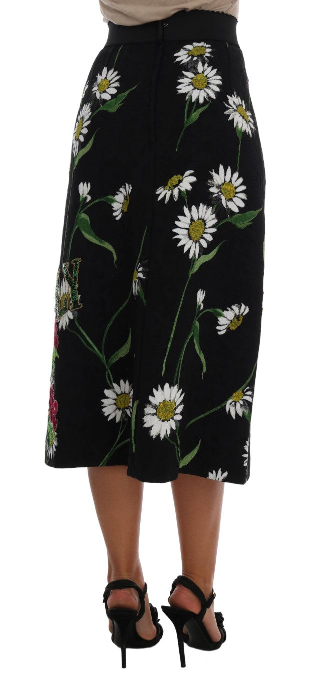 Jupe en brocart noir Dolce & Gabbana embellie de marguerites