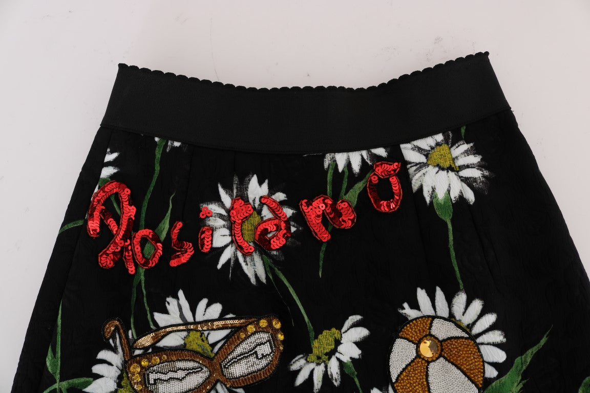Jupe en brocart noir Dolce & Gabbana embellie de marguerites
