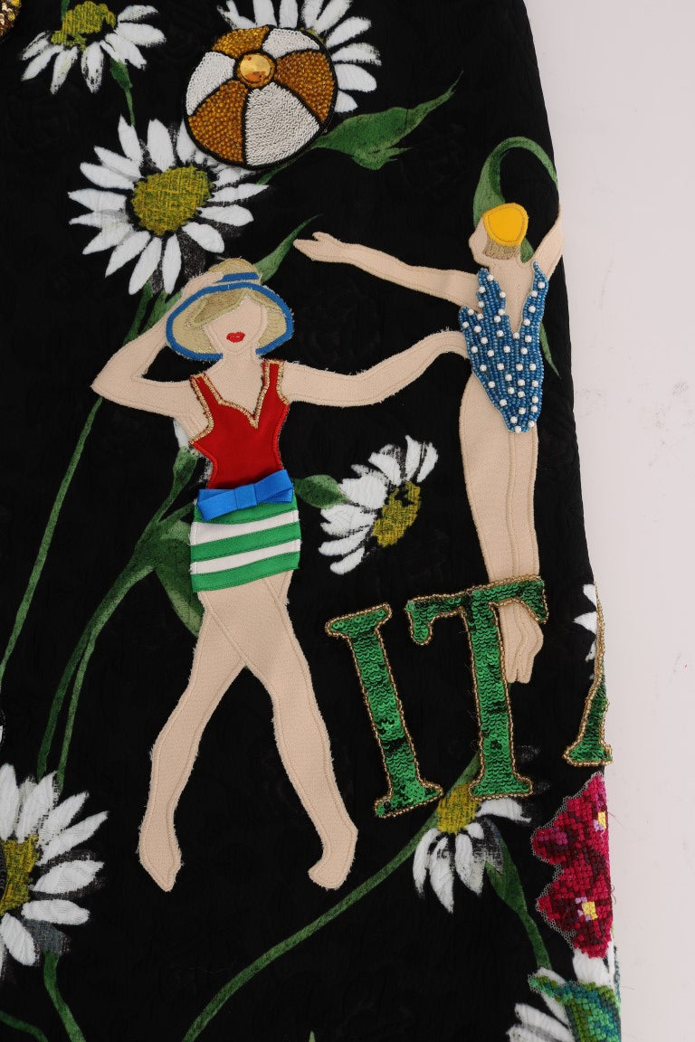 Jupe en brocart noir Dolce & Gabbana embellie de marguerites