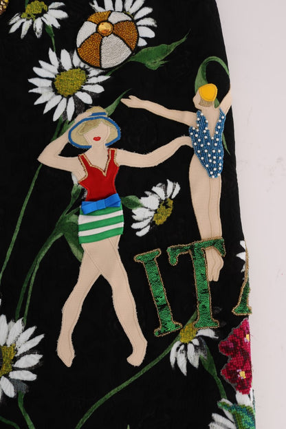 Jupe en brocart noir Dolce & Gabbana embellie de marguerites