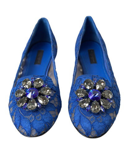 Chaussures plates Dolce & Gabbana en dentelle bleue, ornées de cristaux