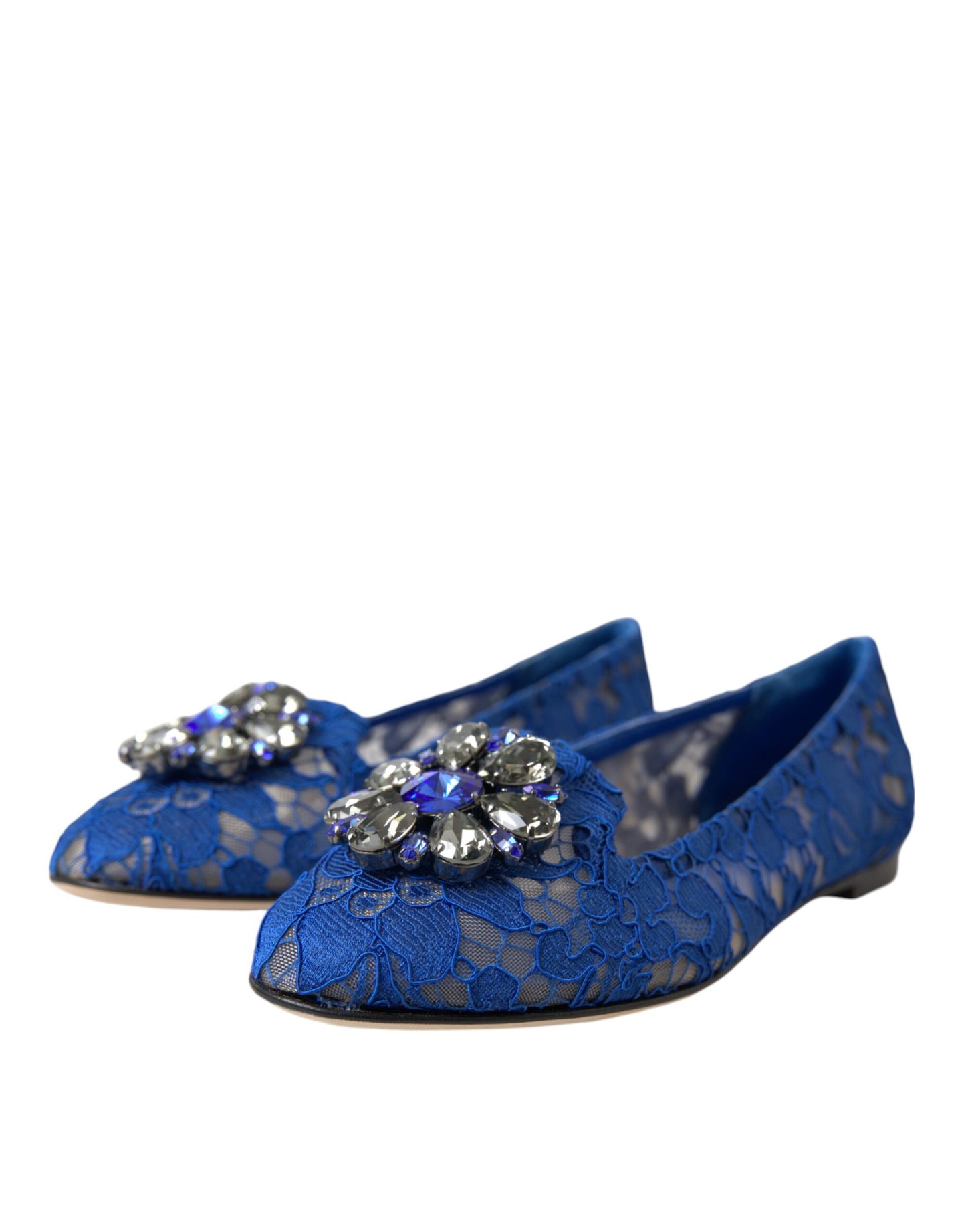 Chaussures plates Dolce & Gabbana en dentelle bleue, ornées de cristaux