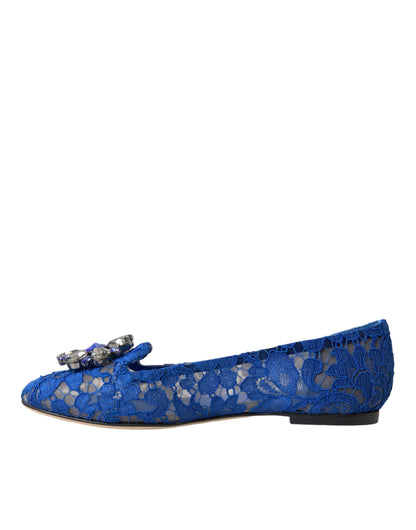 Chaussures plates Dolce & Gabbana en dentelle bleue, ornées de cristaux