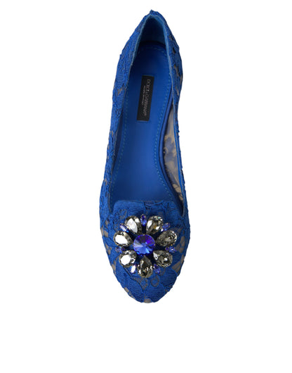Chaussures plates Dolce & Gabbana en dentelle bleue, ornées de cristaux