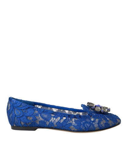Chaussures plates Dolce & Gabbana en dentelle bleue, ornées de cristaux