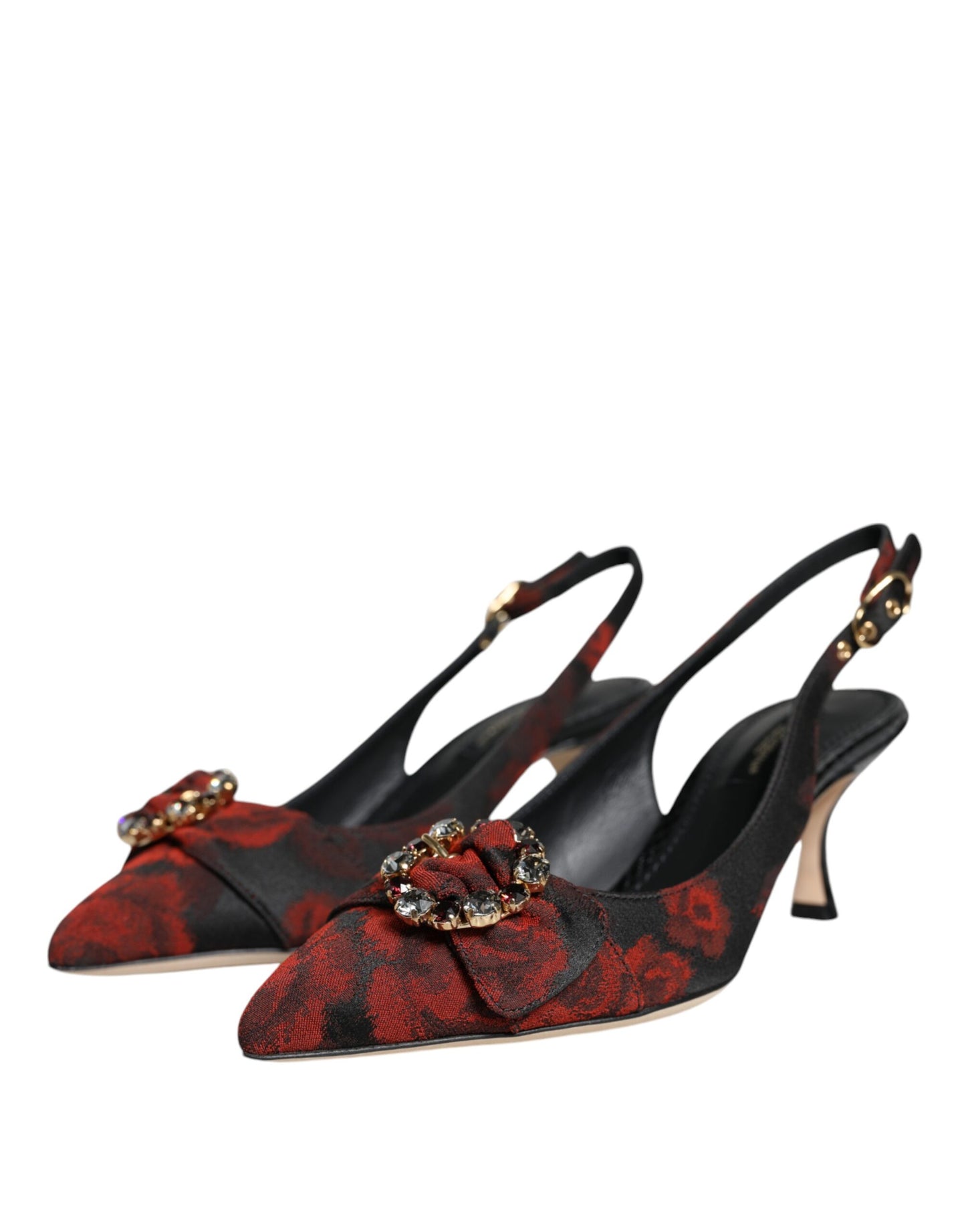 Zapatos de tacón destalonados con tacón de cristal floral rojo y negro de Dolce & Gabbana