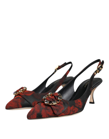 Zapatos de tacón destalonados con tacón de cristal floral rojo y negro de Dolce & Gabbana