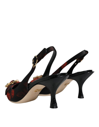 Zapatos de tacón destalonados con tacón de cristal floral rojo y negro de Dolce & Gabbana