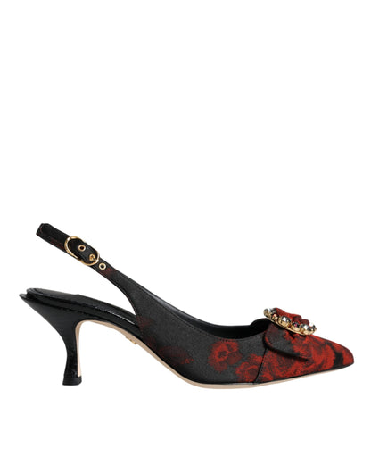 Zapatos de tacón destalonados con tacón de cristal floral rojo y negro de Dolce & Gabbana