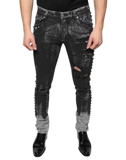 Jeans pitillo de mezclilla de algodón negros adornados Dolce & Gabbana