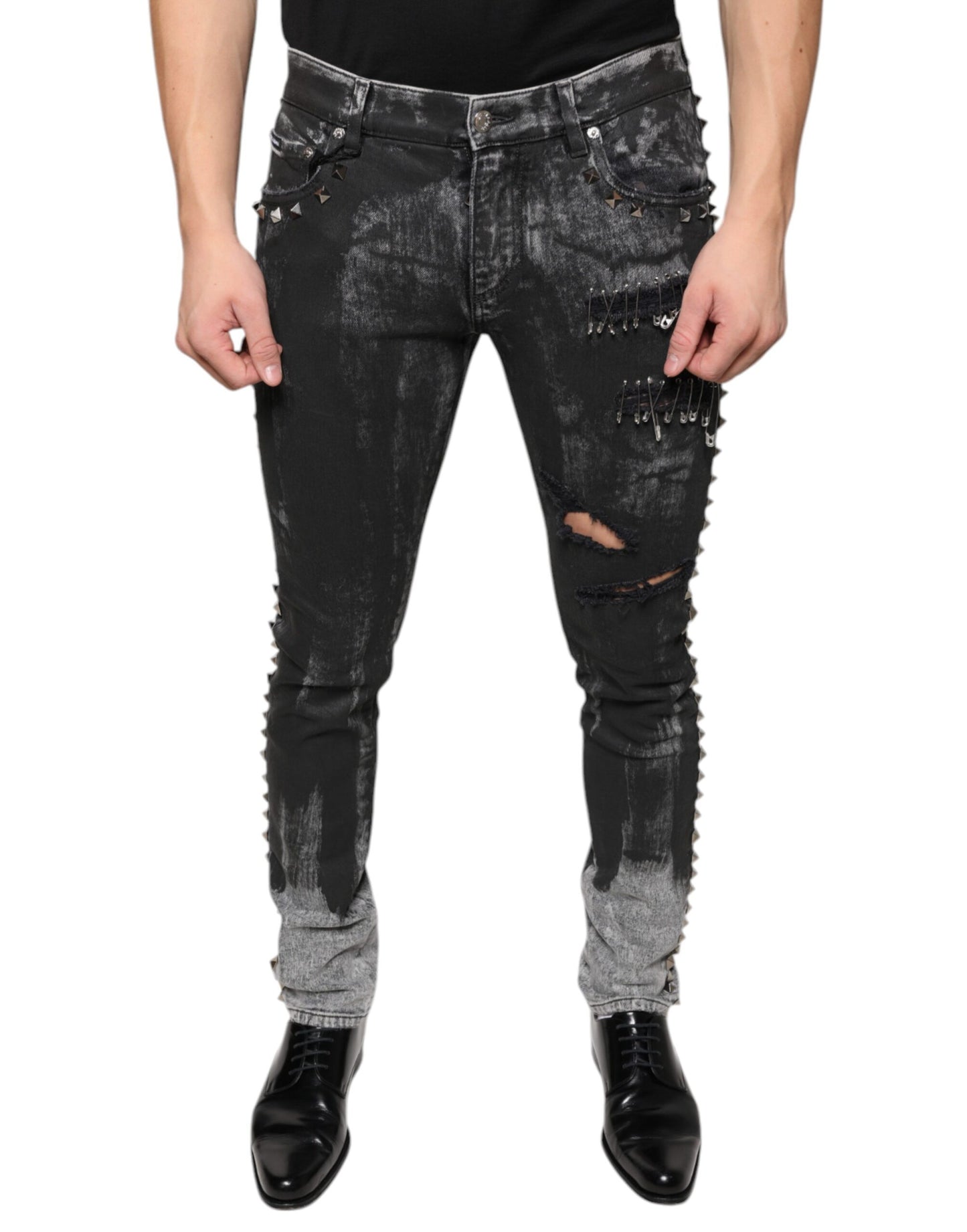 Jeans pitillo de mezclilla de algodón negros adornados Dolce & Gabbana