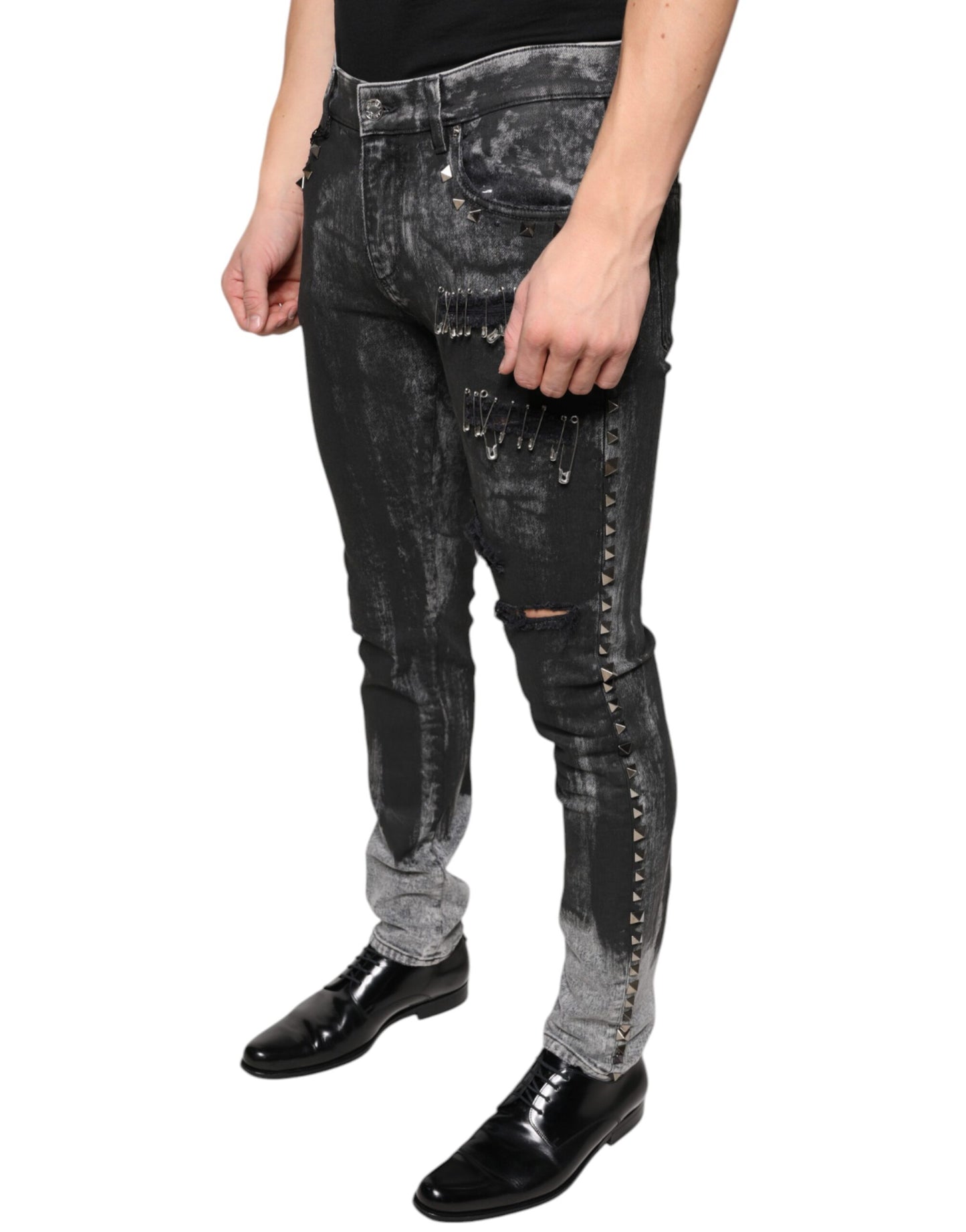 Jeans pitillo de mezclilla de algodón negros adornados Dolce & Gabbana