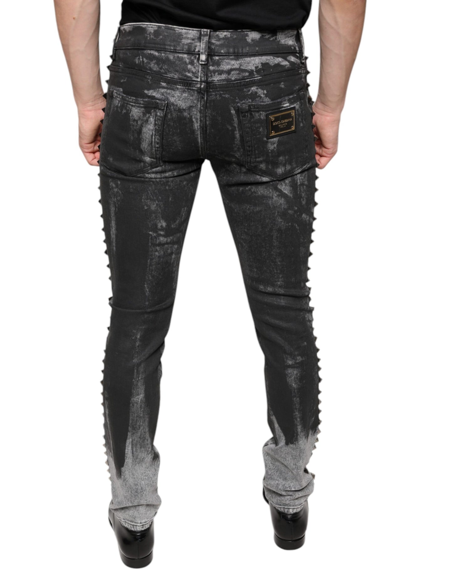 Jeans pitillo de mezclilla de algodón negros adornados Dolce & Gabbana