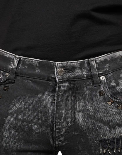 Jeans pitillo de mezclilla de algodón negros adornados Dolce & Gabbana