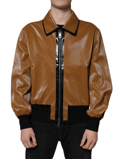 Chaqueta bomber de cuero marrón con cremallera completa para hombre Dolce & Gabbana