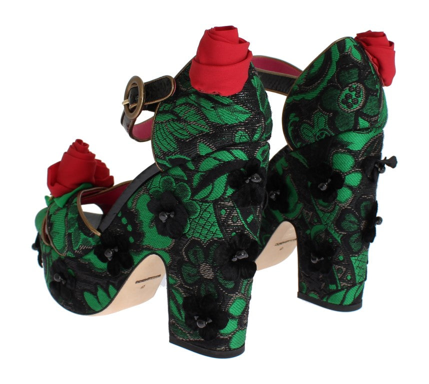 Chaussures Dolce & Gabbana en brocart vert, serpentin et roses de cristal