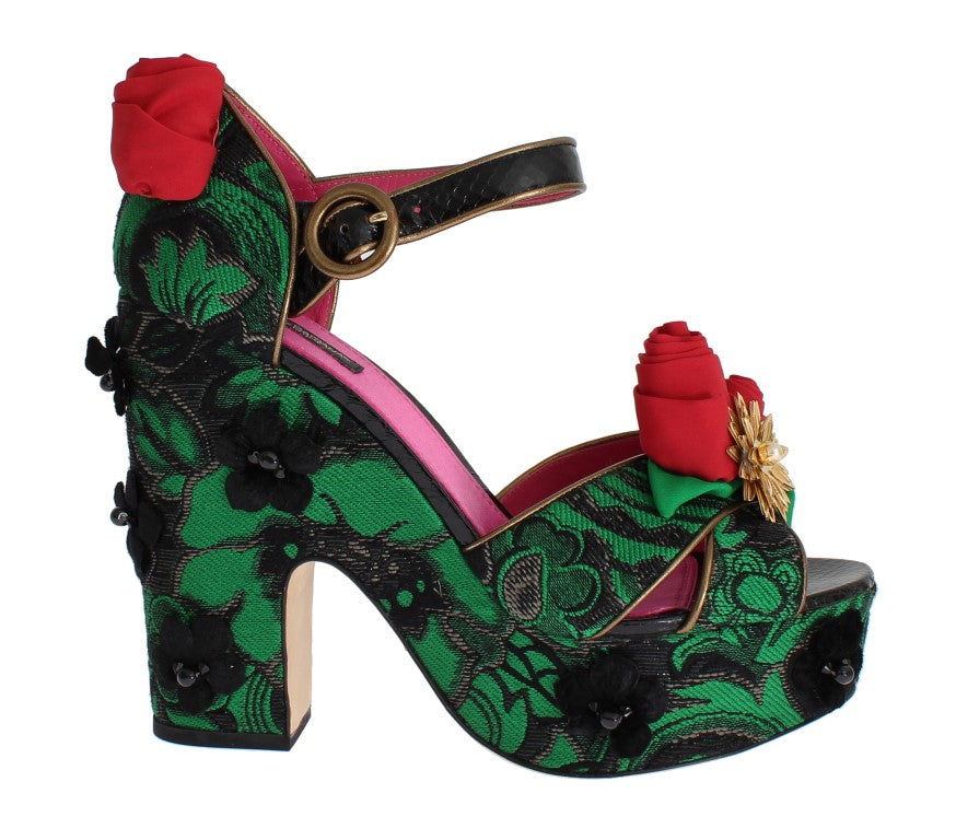 Chaussures Dolce & Gabbana en brocart vert, serpentin et roses de cristal