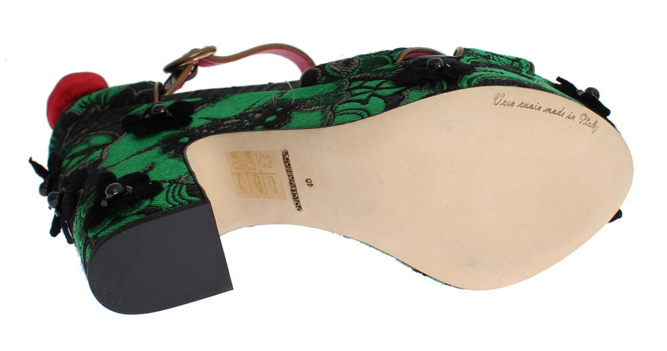 Chaussures Dolce & Gabbana en brocart vert, serpentin et roses de cristal