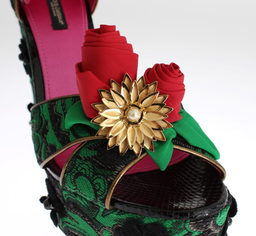 Chaussures Dolce & Gabbana en brocart vert, serpentin et roses de cristal