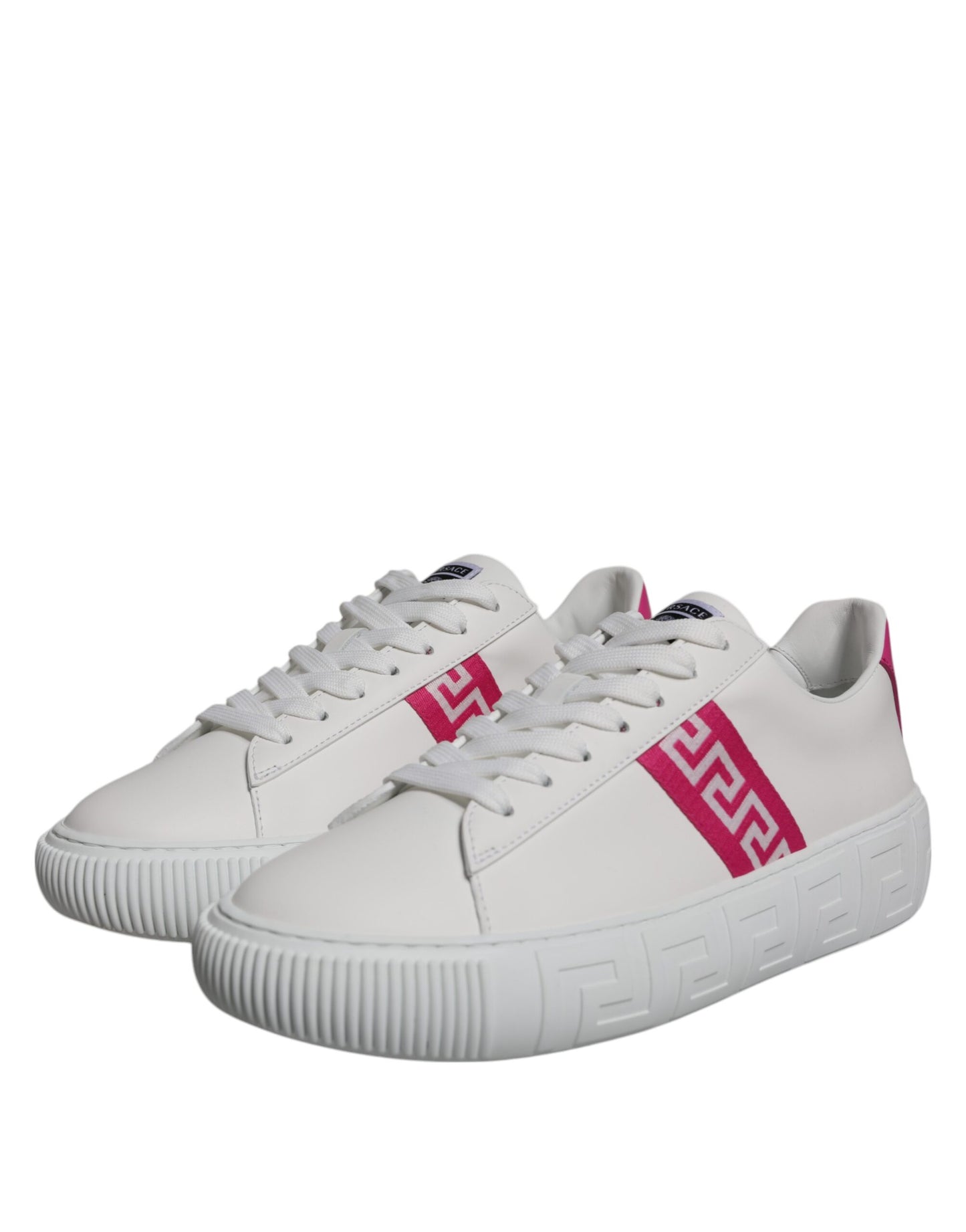 Zapatillas Versace blancas y rosas con estampado Greca, de plataforma baja