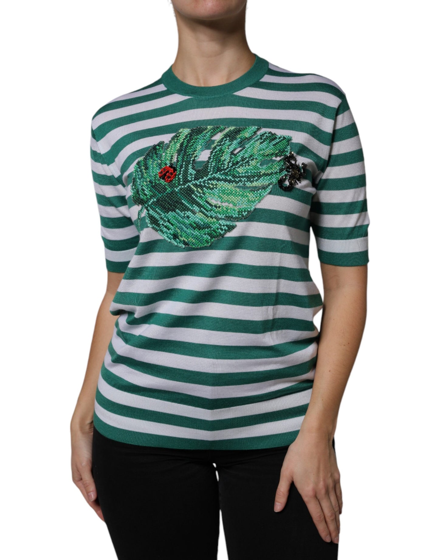 T-shirt Dolce & Gabbana Col Rond Rayures Vertes et Feuilles Blanches