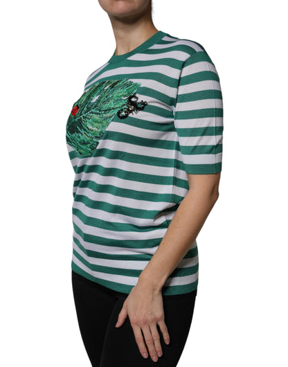 T-shirt Dolce & Gabbana Col Rond Rayures Vertes et Feuilles Blanches